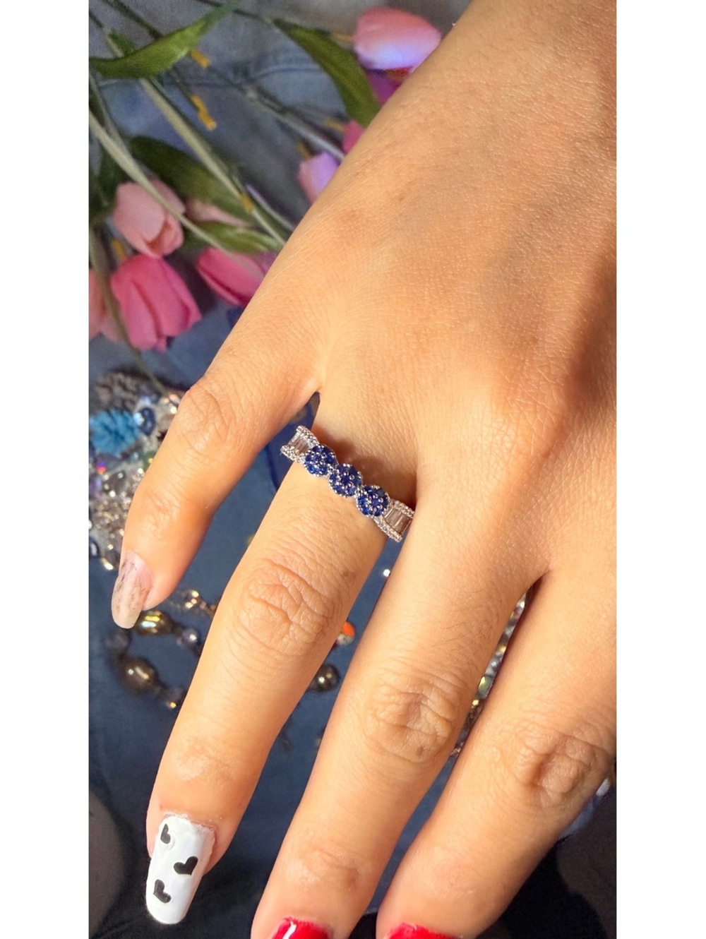 Elegant Silver 925 solid Ring with Blue Gemstones and Clear Accents size 7